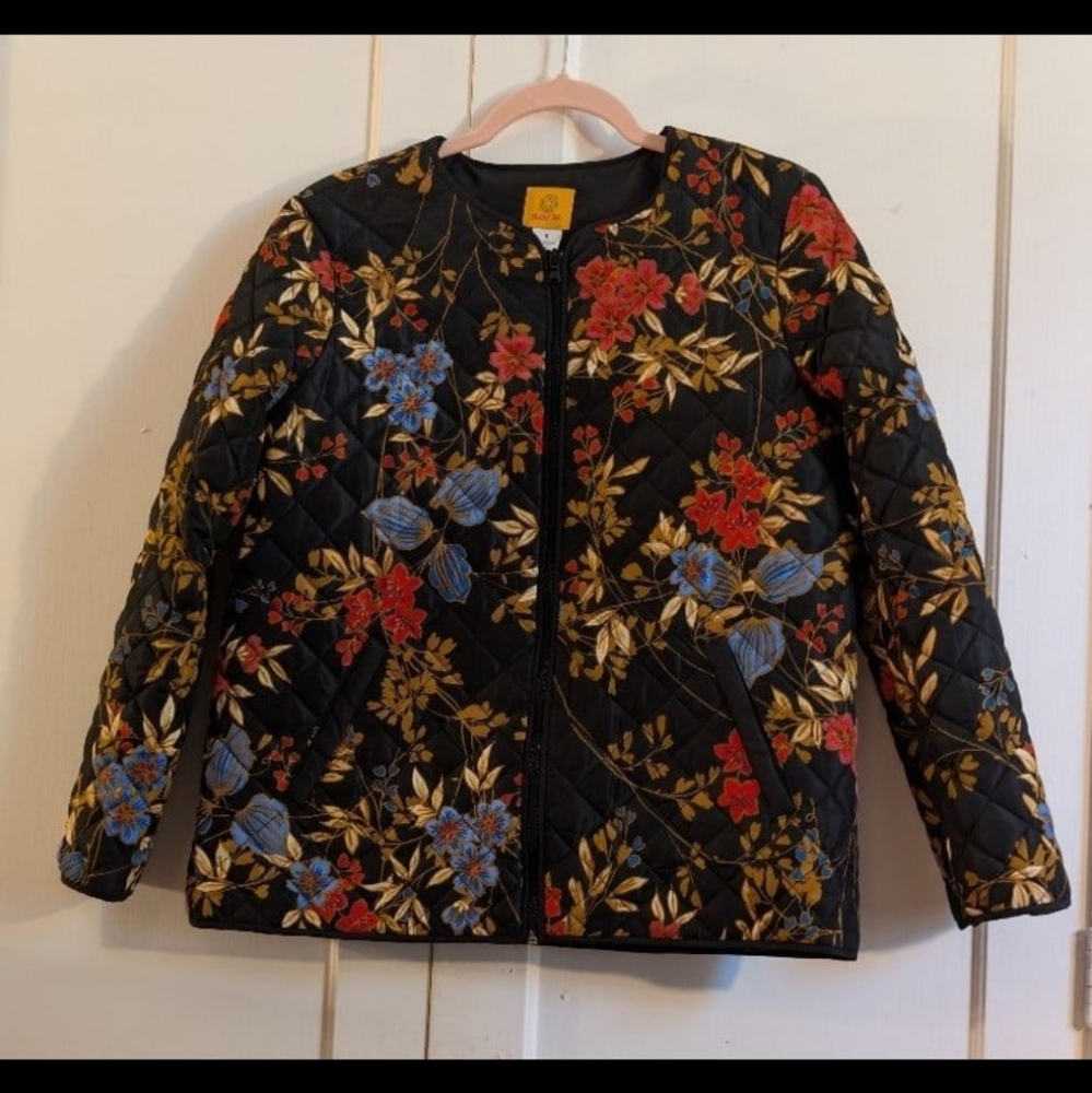 Ruby Road Lightweight Quilted Jacket, 8, M, Black with Floral, EUC